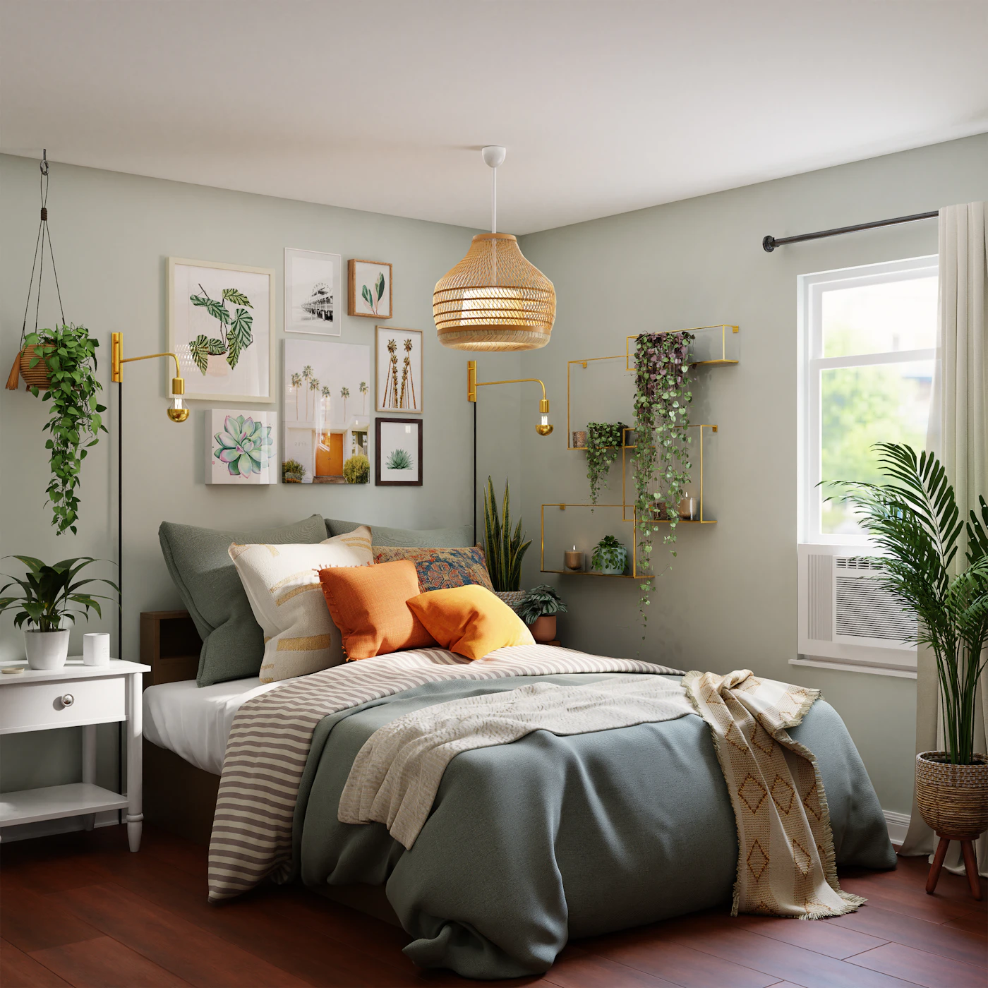 A bed with layered bedding and cushions beneath framed artwork in a bright bedroom.