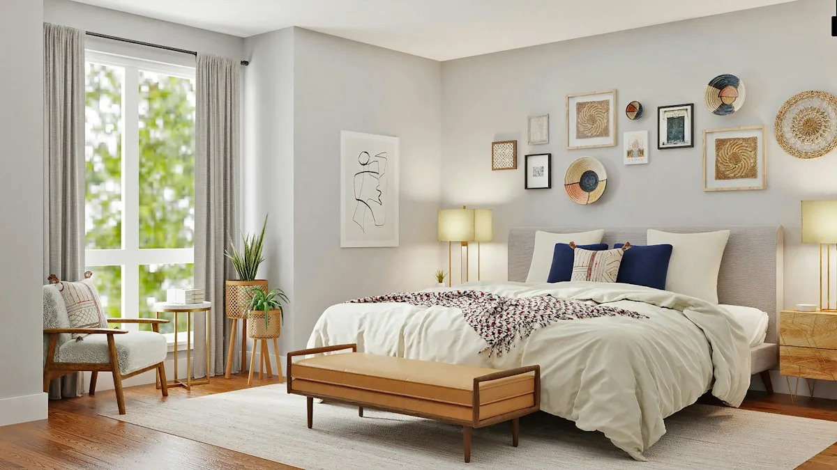 A bedroom with framed wall pictures, pale bedding and a wooden bench.