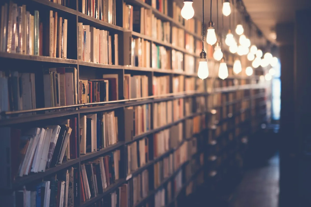 Rows of books on tall shelves in a warmly lit interior.